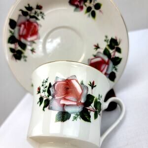 Darice Brand Tea Cup And Saucer Set with Rose Design and Gold Trim  No Flaws